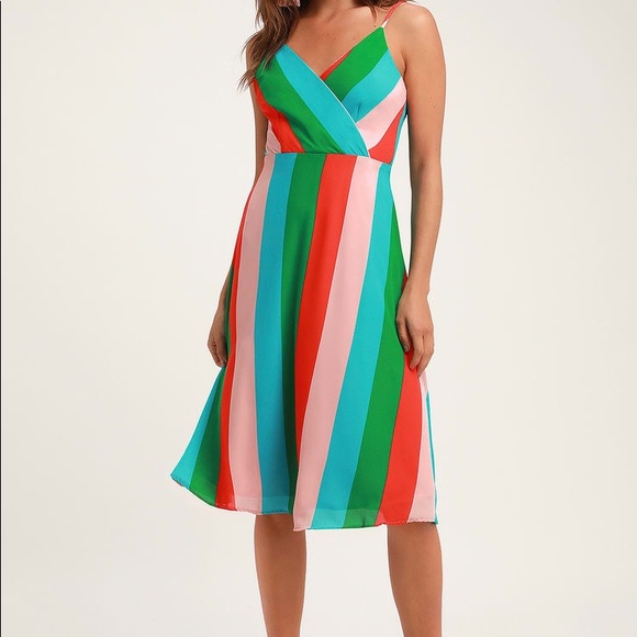 Lulus Dresses & Skirts - LULU’s Veronica Green multi Stripe MIDI Dress Green Orange Blue Spaghett…